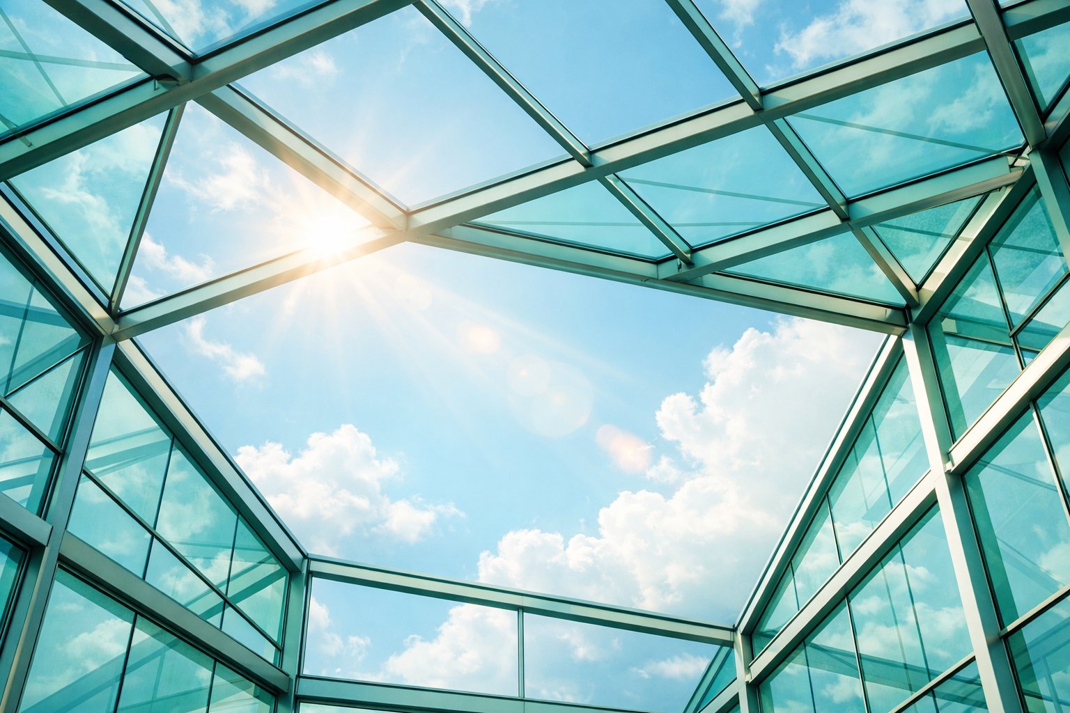 Glass atrium looking up at bright sky, sunlight flooding through architectural geometry